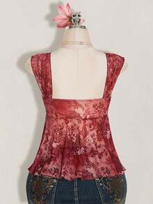 ICON Camiseta asimétrica transparente con estampado de cachemira para mujer de talla grande, top de rave, top transparente, para vacaciones de verano, temporada de graduación, temporada de regreso a clases, ropa de verano, Y2K. - Burdeos 2 - Ver 2