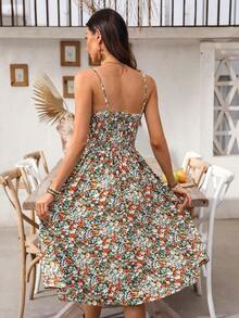 Vestido ajustado de mujer con tirantes finos y estampado floral, vestido vintage con espalda descubierta y bajo con abertura para fiesta/cita - Multicolor 2 - Ver 2