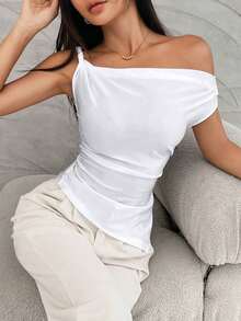 Camiseta de verano con hombro asimétrico con volantes y bajo asimétrico, estilo para ir al trabajo - Blanco - Ver 7