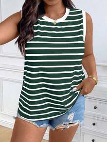 Chaleco sin mangas de mujer de talla grande, casual, de cuello redondo y con estampado de limón, de hombros anchos - Verde Oscuro - Ver 5