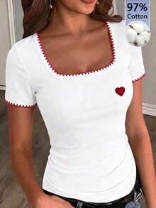 Camiseta blanca básica, casual y sencilla con cuello en V, manga corta, ajustada, con fruncido lateral, acanalada y elástica para mujeres, para el verano - Multicolor - Ver 1