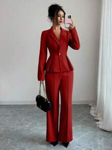 con cintura ceñida elegante, pantalones slim con vuelo de moda para ir al trabajo, atuendo para vacaciones/citas, Día de la Independencia, atuendo de maestra para mujeres - Rojo - Ver 6