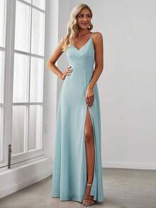 Elegante vestido de noche de unicolor y sexy, vestido de dama de honor con abertura alta y tirantes finos en azul marino, vestido formal para invitados de boda en primavera - Celeste - Ver 6
