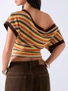 Blusa de malla ajustada con mangas de murciélago, cuello irregular, estampado de rayas y bloques de color, estilo casual de playa y vacaciones para mujer - Multicolor 4 - Ver 2