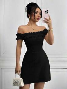 Vestido romántico con hombros descubiertos y volantes en la cintura para mujeres - Negro - Ver 1