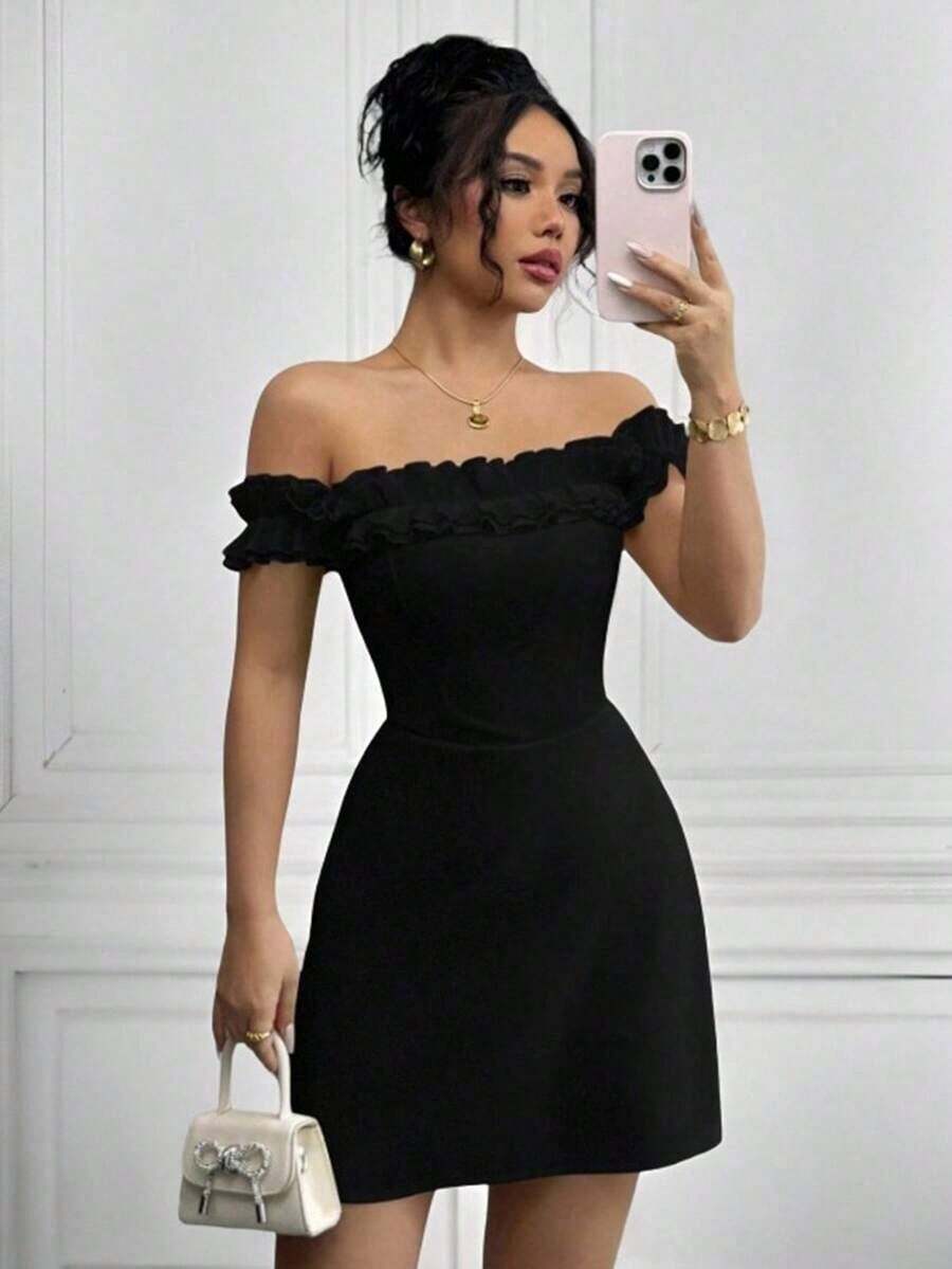 Vestido romántico con hombros descubiertos y volantes en la cintura para mujeres - Negro - Ver 1