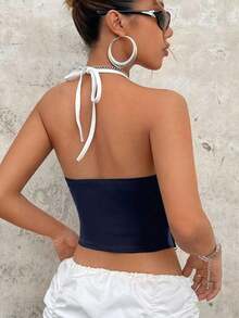 Top de tirantes casual con cuello de halter y pliegues con estampado de letras para mujer - Azul marino - Ver 2