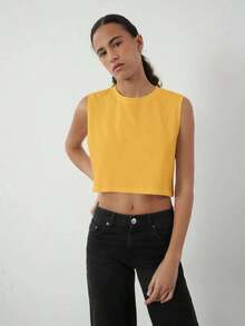 Top corto de tirantes holgado y cómodo de cuello redondo, de unicolor, para verano - Amarillo - Ver 4