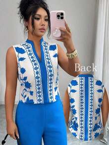 Blusa con cuello en V, estampada y sin mangas con cierre a media altura - Multicolor 2 - Ver 7