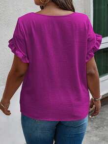 Blusa casual con cuello redondo, mangas con volantes y estampado floral para mujer de talla grande - Morado - Ver 2