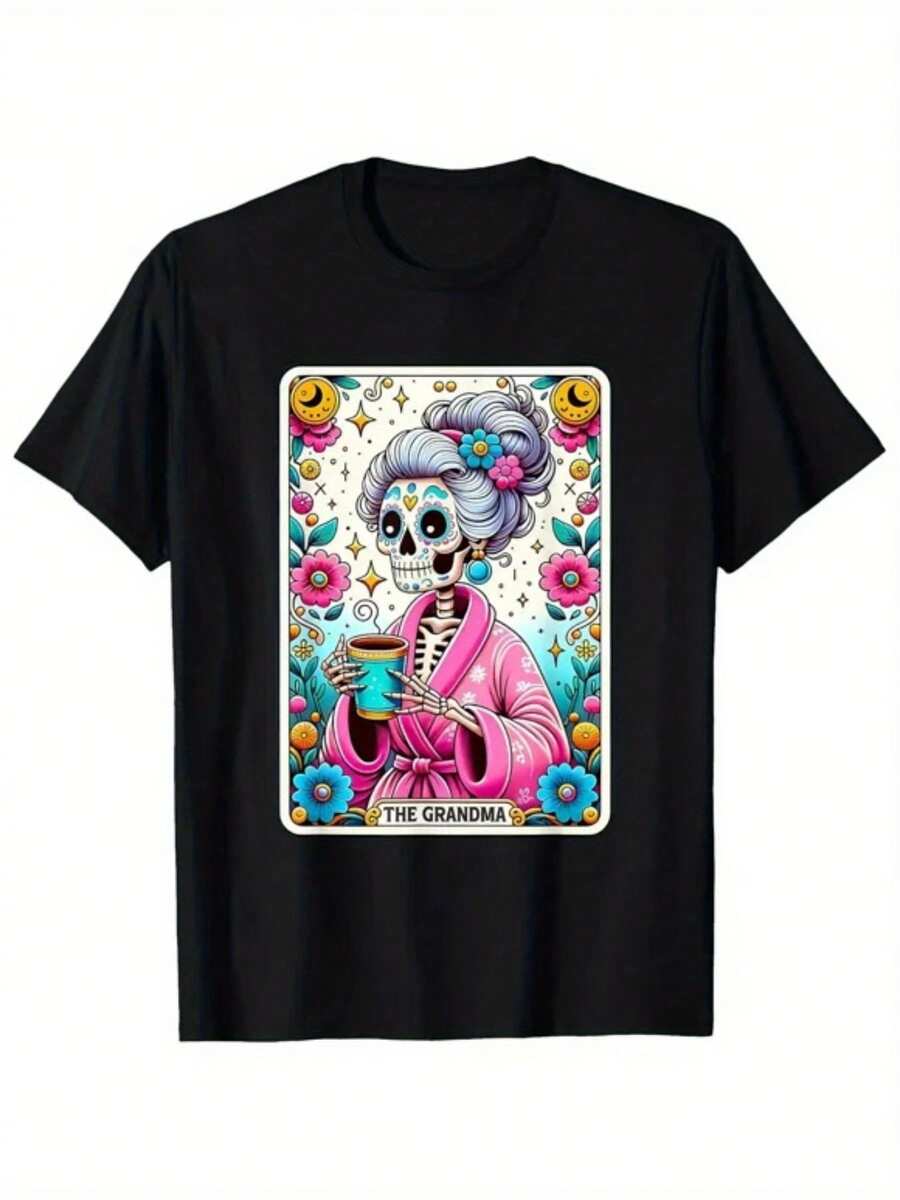 Men's 100% Mexican T-Shirt With Latin Witch Skull Design - Black T-Shirt With Vintage Design Featuring The Catrina Skull Design, Inspired By The Day Of The Dead, Short Sleeve And Round Neck, Suitable For Casual Wear And Themed Events. - 黑色 - 查看 1