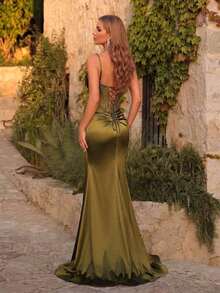 Vestido maxi elegante con encaje, parches, cintura alta, plisado, abertura y espalda descubierta, adecuado para graduación, baile de graduación, fiesta de cumpleaños, cena formal, regreso a casa, invitado de boda, ocasión formal, Día de San Valentín - Verde militar - Ver 2