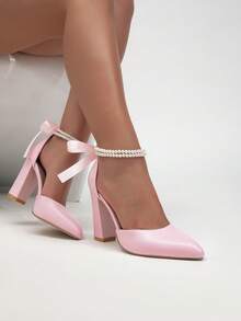 Sepatu Hak Tinggi Wanita Terbaru, Elegan, Seksi, Cocok untuk Pernikahan, Kencan, Pesta, Rantai Mutiara, Pita, Warna Solid, Ujung Lancip, Hak Tebal - Berwarna merah muda - View 5