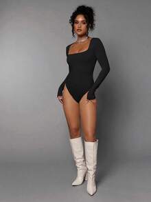 Body De Manga Larga Con Cuello Cuadrado Para Mujer - Negro 2 - Ver 5