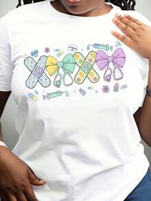 Women's Cotton T-Shirts With A Cute Medical-Themed Design, Featuring Colorful Bandages, A Stethoscope, And A Bow Tie, Perfect For Nurses, Doctors, And Healthcare Workers. A Great Gift For National Nurses Day Or Any Medical Professional. Women's Basic Tops. - 白色 - 查看 2