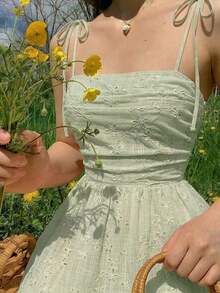 MOD Vestido midi con volantes y decoración de rosa roja con lazo - Romántico y soñador, para fiesta de té en el jardín, cita, fiesta, vestido de verano y primavera para mujer, ropa de playa, vacaciones de primavera, picnic, festival, atuendo de cumpleaños - Verde - Ver 2
