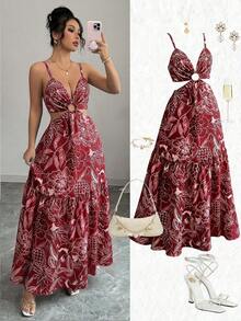 xheElenzga Vestido casual/de trabajo de longitud media sin mangas con estampado que estiliza la línea de la cintura para mujerxhe - Rosa Roja - Ver 9