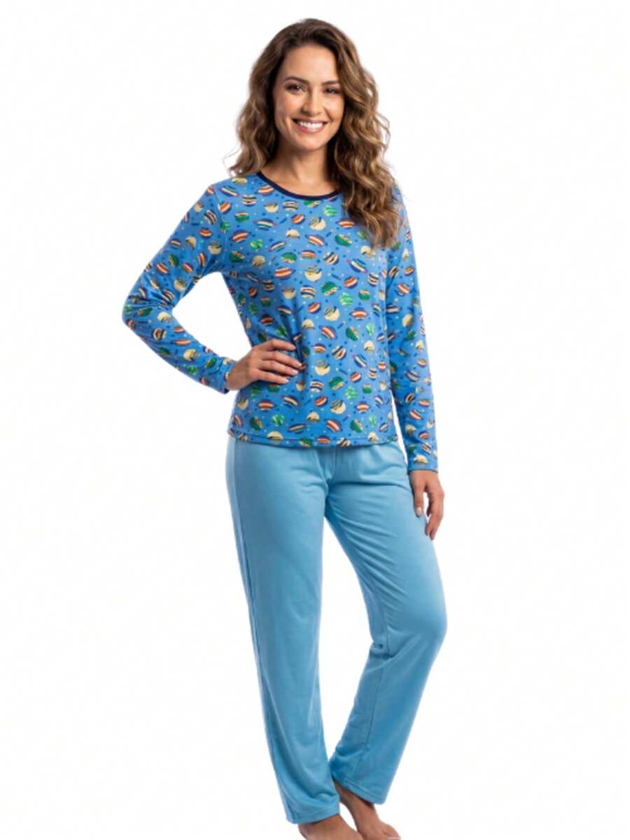 FEMINNITA Pijama Feminino Estampado Manga Comprida Suede Outono - Frozen Planeta - Visão 1