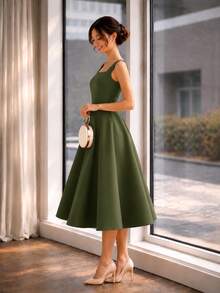 Women's Midi Dress With Square Neckline And Defined Waist | Elegant Midi Dress | Tailored Style | Defined Waist | Perfect Mother's Day Gift - 軍綠色 - 查看 4