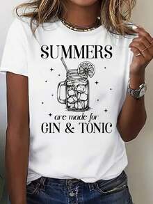 100% Cotton T-Shirt With Graphic Print, Short Sleeves, Round Neck, Casual Style For Summer And Spring, Women's Clothing. - White - View 1
