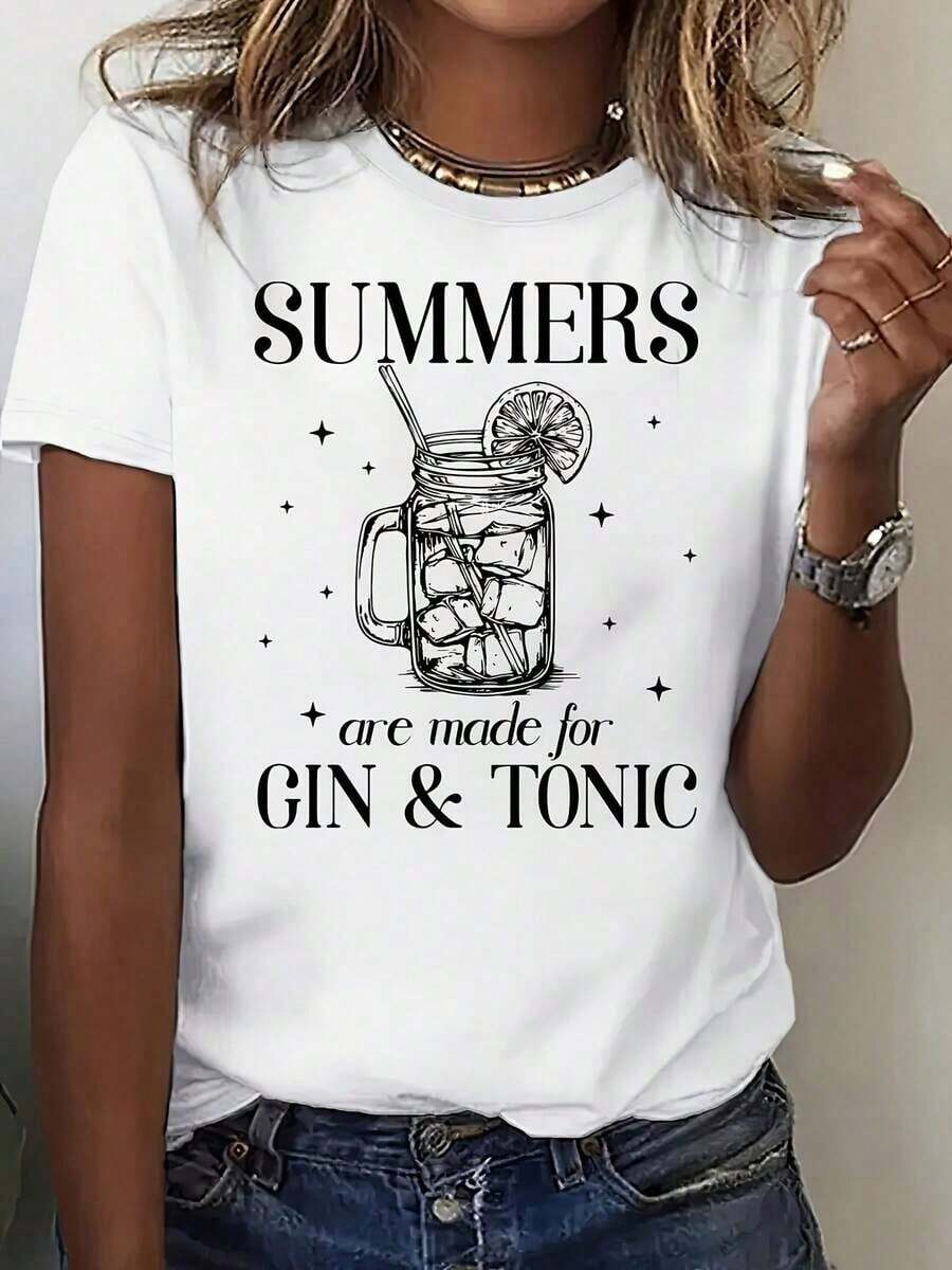 100% Cotton T-Shirt With Graphic Print, Short Sleeves, Round Neck, Casual Style For Summer And Spring, Women's Clothing. - White - View 1