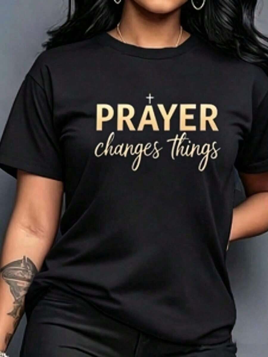 Camiseta informal de manga corta y cuello redondo para mujer, color negro, con estampado de letras doradas inspiradoras, confeccionada en una suave mezcla de algodón elástico. - Negro - Ver 1