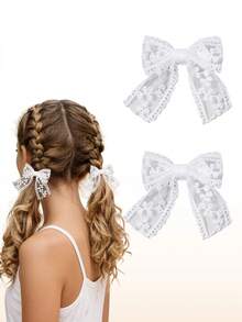 2 Stück weiße Spitzen-Haarschleifen-Clips mit langem Band-Schleifenschwanz, Alligator-Haarspangen-Pins für Hochzeit, Erstkommunion, Schönheitswettbewerb, Geburtstagsparty und Kleid - Verschiedenfarbig - Übersicht 1