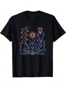 1 Piece Subt Floral Print T-Shirt, Zorro Glove, Daisy And Tulip 8647, For All Seasons, Cotton, Single-Sided Print, Round Neck, Short Sleeve, 180g, 100% Cotton, Designs Are Fully Printed. Unisex. - 黑色 37 - 查看 1