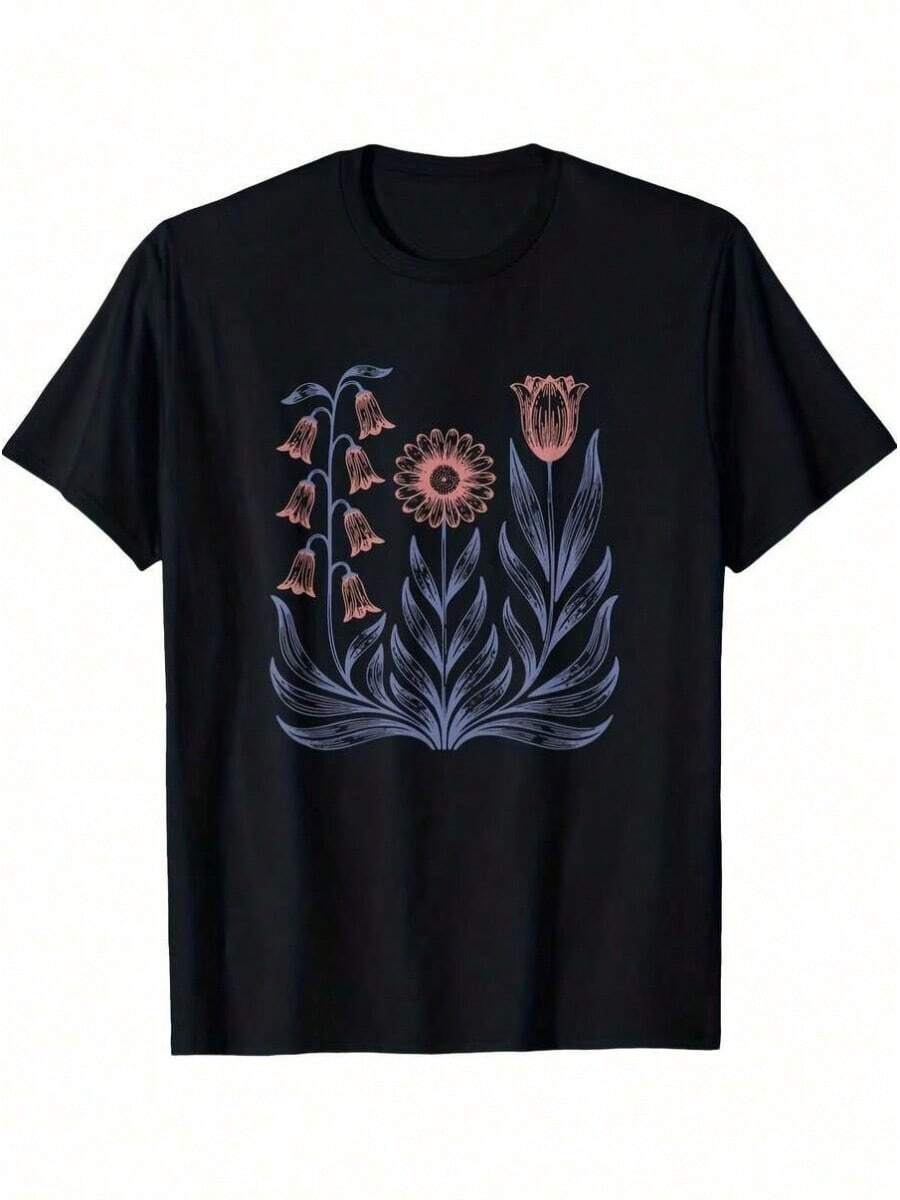 1 Piece Subt Floral Print T-Shirt, Zorro Glove, Daisy And Tulip 8647, For All Seasons, Cotton, Single-Sided Print, Round Neck, Short Sleeve, 180g, 100% Cotton, Designs Are Fully Printed. Unisex. - 黑色 37 - 查看 1
