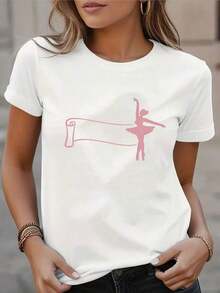 1 pieza de camiseta gráfica inspirada en el ballet para mujer - Top casual de manga corta con cuello redondo y estampado de bailarina rosa, tela suave, esencial para primavera/verano, ropa de uso diario, ropa con temática de ballet, material elástico, 180g, 100% algodón. - Blanco - Ver 6