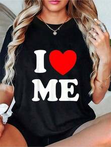 1 pieza Camiseta "Me Amo a Mismo" con corazón rojo, divertida, 100% algodón, casual, de manga corta y cuello redondo para mujer, para primavera y verano, 180g, 100% algodón suave. - Negro - Ver 6