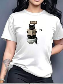 Camiseta cómoda de 180 g con diseño de gato leyendo - Perfecta para reuniones familiares y regalos |   Diseños de camisetas interesantes |   Camiseta de manga corta cómoda para el verano |   Camisetas estampadas a la moda, adecuadas tanto para hombres como para mujeres. - Blanco - Ver 7