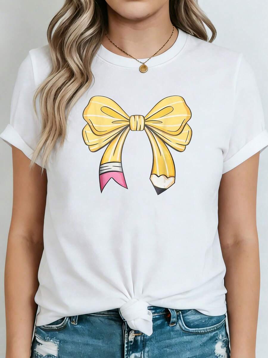 Plus-Size Women's T-Shirt For Spring/Summer Featuring A Cartoon Illustration Print Of A Teacher With A Pencil Loop. Suitable For Everyday Wear By Teachers, School Activities, Back-To-School Season, Parent-Child Interactions, And Daily Commutes. - 白色 - 查看 1