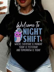 Camiseta con estampado gráfico de búho de Night Shift. Bienvenidos a Night Shift, donde cada día es lunes, hoy es ayer y el mañana es hoy, para enfermeras y trabajadores sanitarios. - Negro - Ver 6
