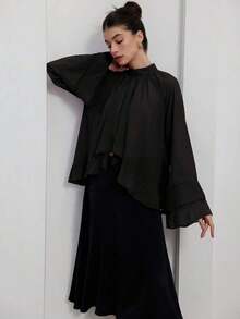 Elegant And Luxurious Chiffon Blouse With Ruffles And Layers In Purple-Red For Women - Black - View 4
