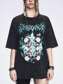 Women's Blouses. Loose Knit T-Shirt For Women With Street Style, Punk, Distressed, With Skull Chain, Snowflake Star, Contrasting Slogan And Cool Prints, Gifts For Mom, Flash , Lightning , Local Shipping, National Shipping, - 黑色 - 查看 1