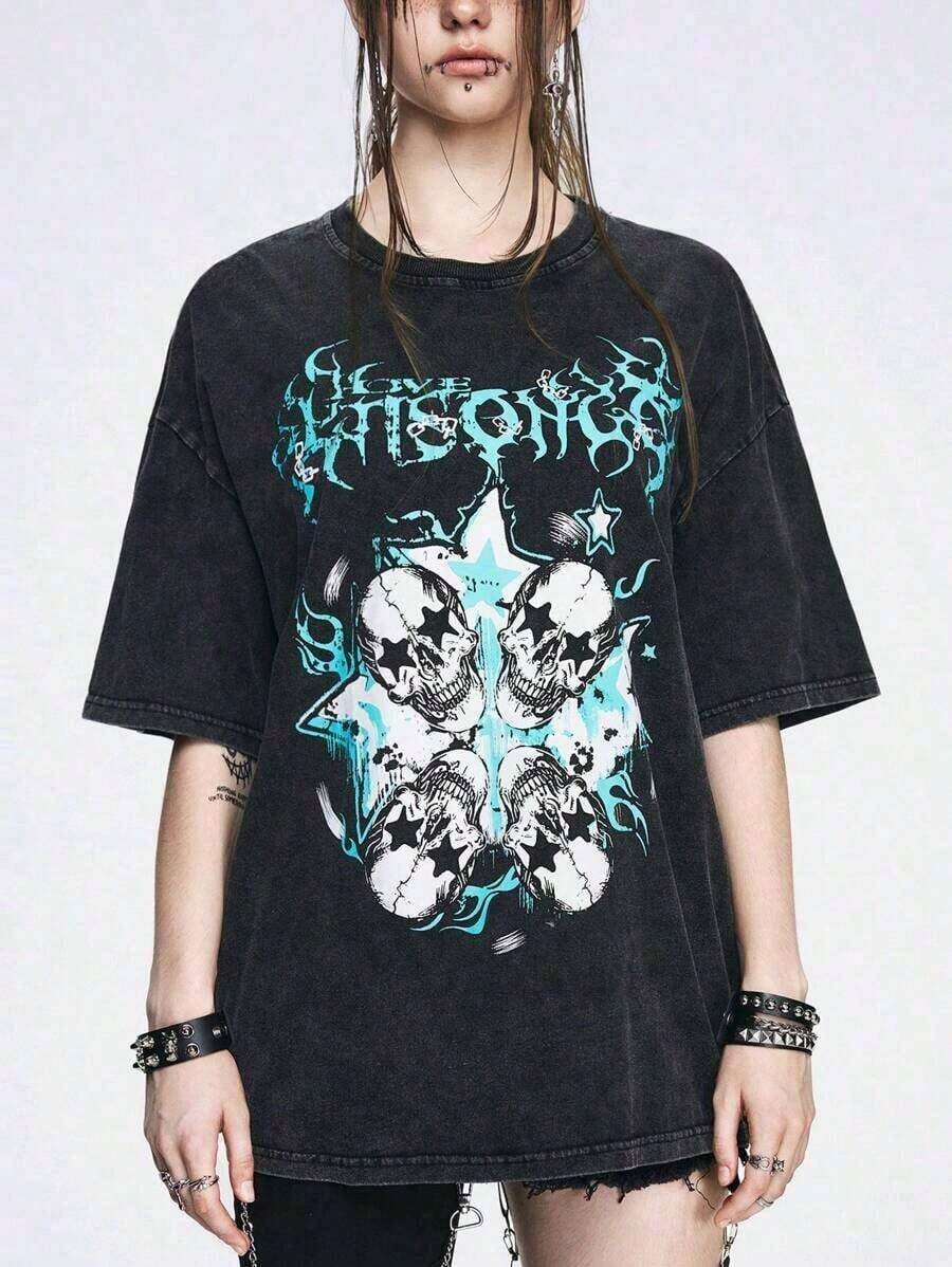 Women's Blouses. Loose Knit T-Shirt For Women With Street Style, Punk, Distressed, With Skull Chain, Snowflake Star, Contrasting Slogan And Cool Prints, Gifts For Mom, Flash , Lightning , Local Shipping, National Shipping, - 黑色 - 查看 1