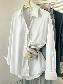 Nueva camisa de manga larga para mujer de estilo deportivo universitario para exteriores, diseño de moda simplista, tela con estiramiento en cuatro direcciones, ajuste holgado de manga larga para mujer, primavera/otoño blanco - Blanco - Ver 3