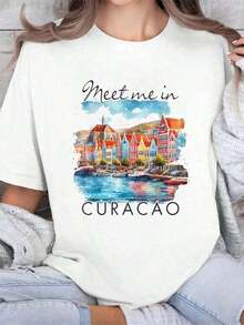 1 Piece White T-Shirt With "Meet Me In Curacao" Cotton Print For Caribbean Island Trips, For Summer, Soft, Short Sleeve For Women, Modern And Comfortable, 180g 100% Cotton. - 白色 - 查看 6
