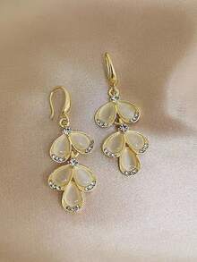1 par de pendientes con piedra de ojo de gato con forma de pétalo, pendientes con hoja de rhinestone - Amarillo Oro - Ver 2