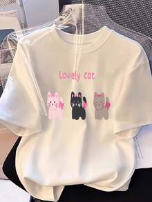 Camiseta de Mujer Verano 2025 - Casual, Linda, Holgada, Cuello Redondo, Manga Corta, Estampado de Gatito en Tres Colores - Blanco - Ver 1