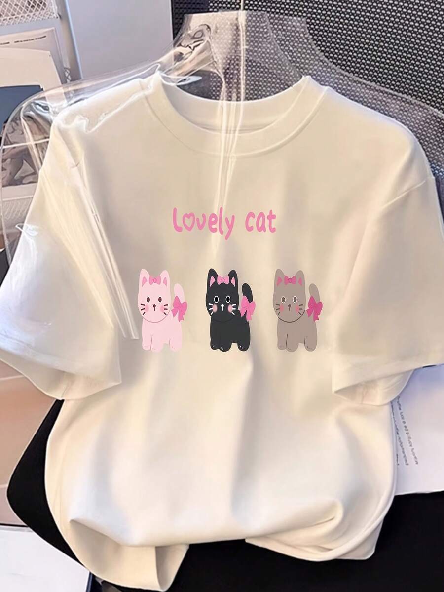 Camiseta de Mujer Verano 2025 - Casual, Linda, Holgada, Cuello Redondo, Manga Corta, Estampado de Gatito en Tres Colores - Blanco - Ver 1