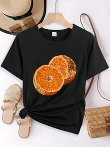 Plus Size Women's Summer Outfit, 1 Piece, Casual And Elegant Style, Loose-Fitting T-Shirt With Orange Slice Print, Round Neck And Short Sleeves, Ideal For Parties, Holiday Gifts, Everyday Wear And Lounging At Home. Printed, Simple, Versatile, Loose Fit, With A Fitted Round Neck. - 黑色 - 查看 1