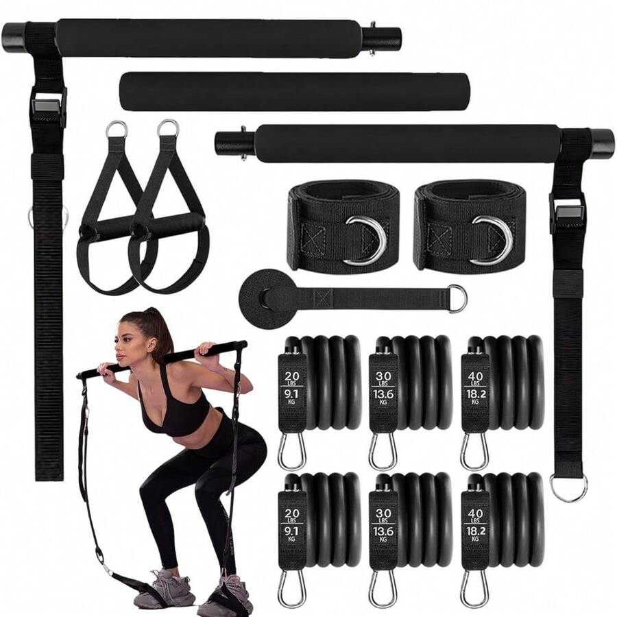 Yoga Pilates Fitness Stretching Bar Set (beinhaltet Push-Pull-Stange und 6 Widerstandsbänder) - Konzipiert für Pilates, Krafttraining, Rehabilitation und Heimfitness; tragbar und verstellbar - ideal für Ganzkörper-Workouts, Physiotherapie und Heim-Fitnessstudios. - A - Übersicht 1