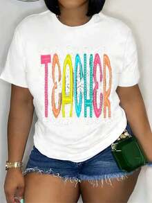 Women's Short-Sleeved T-Shirt, Soft And Breathable, 100% Cotton - Graphic Print With Teacher Theme, Casual Round Neck Top For Back To School Season, Versatile T-Shirt For Educators And Mothers, Teacher T-Shirt. - 白色 - 查看 6