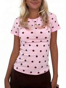 Polka Dot Tops For Women Y2K Long Short Sleeve Tee Crop Top Vintage Cute Slim Fit Crew Neck Shirt Going Out Streetwear - 粉紅色短袖 - 查看 4