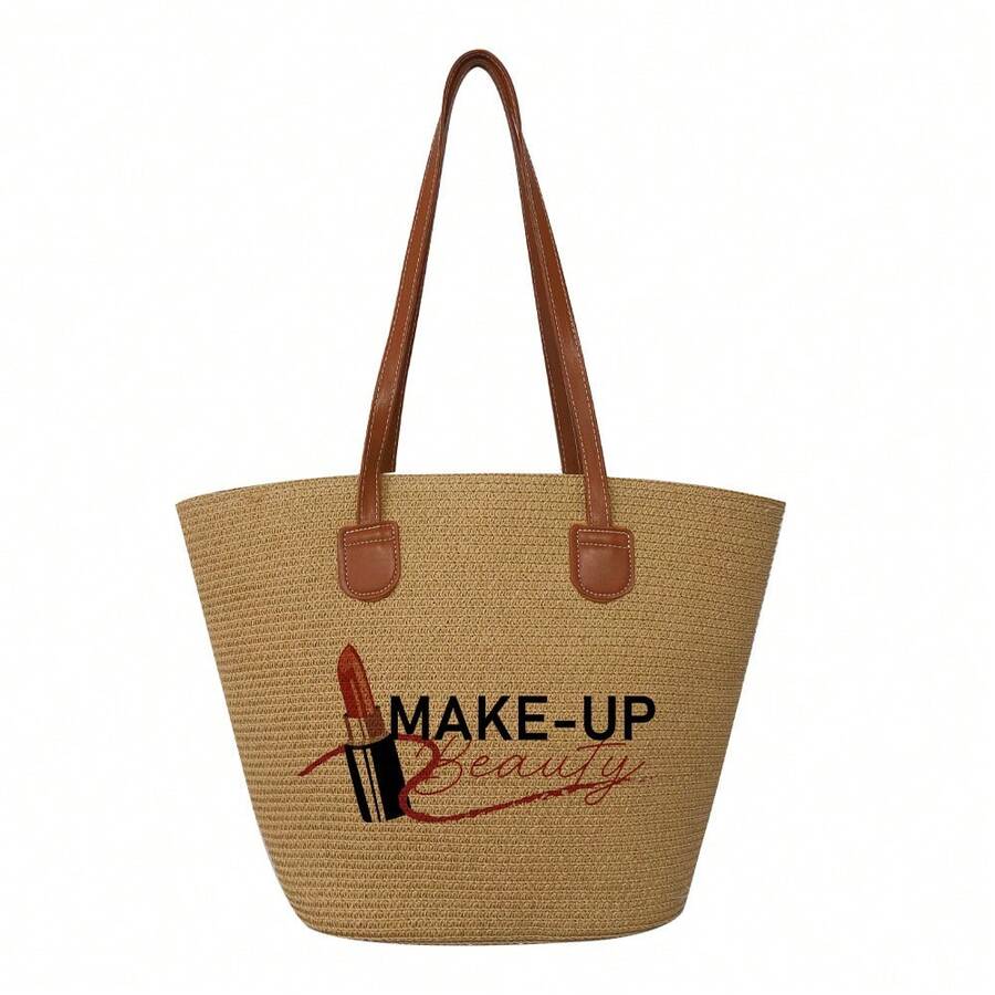 Large Capacity Straw Handbag, All-Match Stylish Leisure Woven Bag - Khaki - View 1