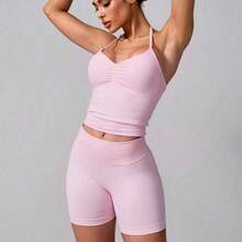 NcmRyu Women's Solid Color Versatile Bra Top And Shorts Set, Yoga, Tennis, Running, Workout, Outdoor Sports - Rojo - Ver 11