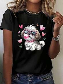 Women's Mexican T-Shirt With Fashionable Shih Tzu Heart-Shaped Glasses Print - Short Sleeve, Round Neck, Casual Style, Soft And Stretchy Fabric, Machine Washable, Comfortable For All Seasons, Regular Fit, Fun Print T-Shirt, Durable Style, Summer Fashion Cotton T-Shirt - 黑色 - 查看 7