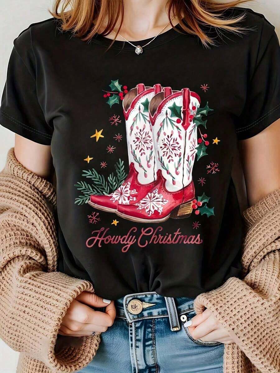 Women's Clothing Christmas Cowboy Boots With Snowflake And Holly Design In Red And White, Women's Western Boots, Christmas Party Gift, Women's Shirts - 黑色 - 查看 1